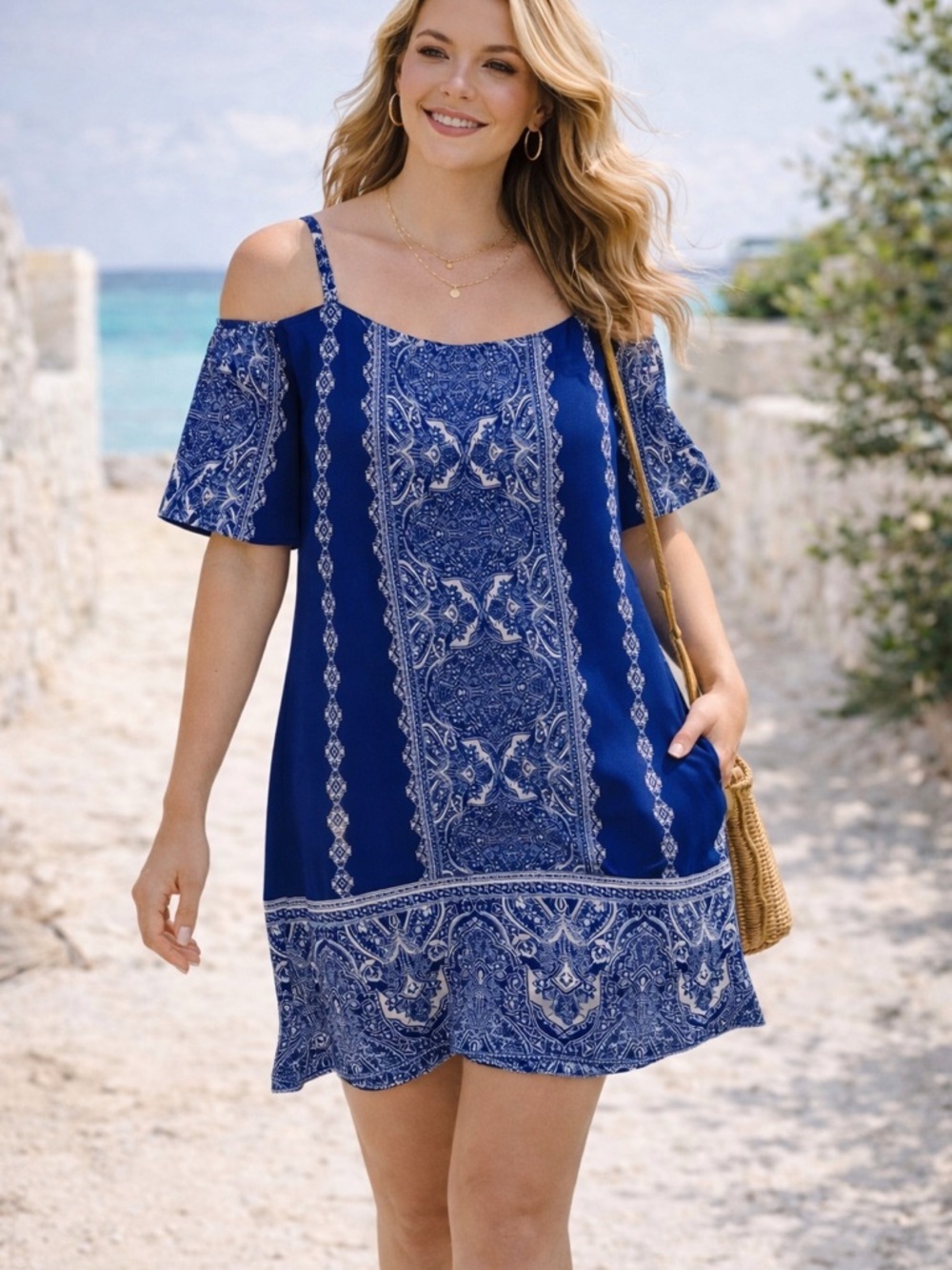 Charming Charlie Blue White Off Shoulder Dress Size S | Boho Summer Mini Dress